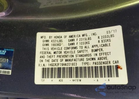 2017 Honda Accord Ex from USA, damaged, VIN 1HGCR2F78HA201803